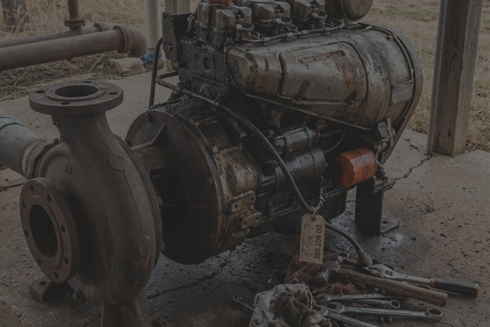 Lombardini 11LD engine at end of service life Worn Lombardini 11LD diesel engine installed on an industrial pump, showing signs of end-of-life and unserviceable condition